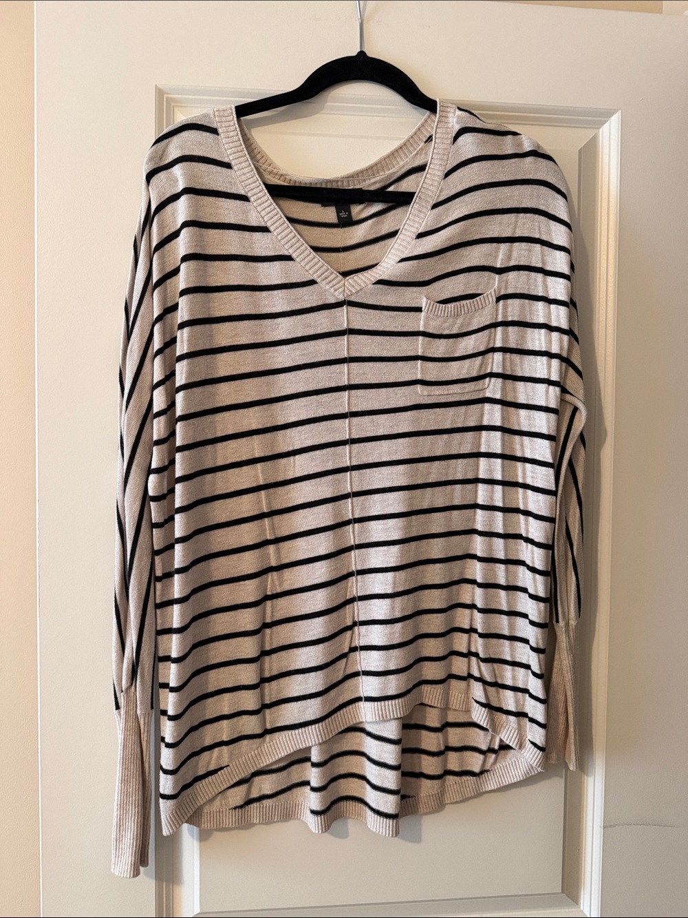 a.n.a Beige and Black Striped V-Neck Pocket Sweater
